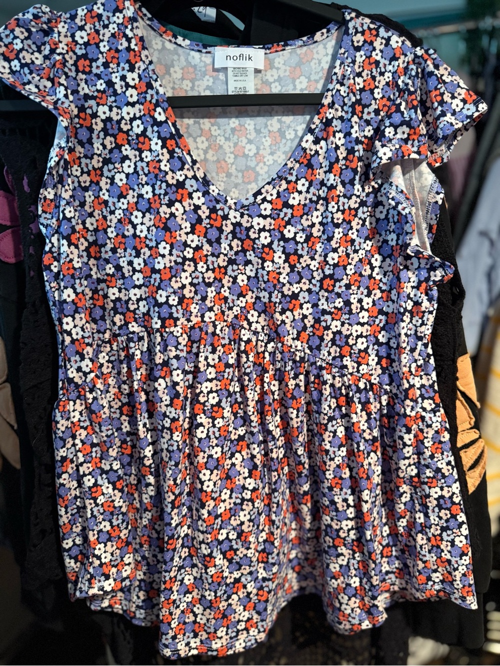 Noflik Floral V-Neck Flutter Sleeve Top - Blue Multi